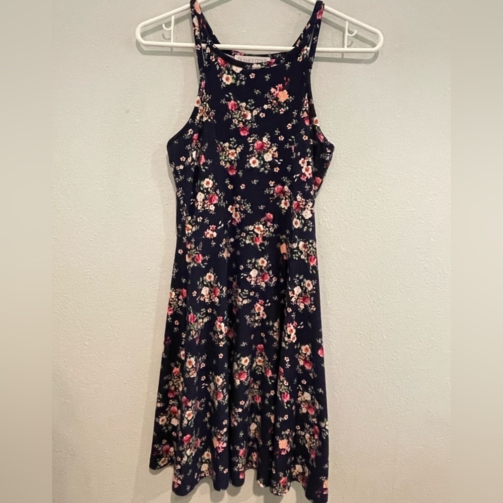 Women’s Planet Gold small Navy floral print mini tank dress with swing s…